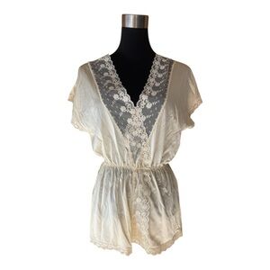 Vintage 80s/90s Yellow Floral Lace Trim & Embroidery Matching Playsuit Set S/M